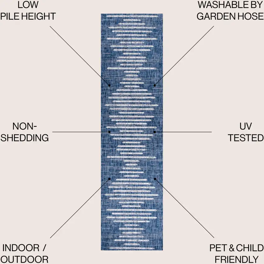 10' Blue And Ivory Striped Indoor Outdoor Runner Rug Photo 9