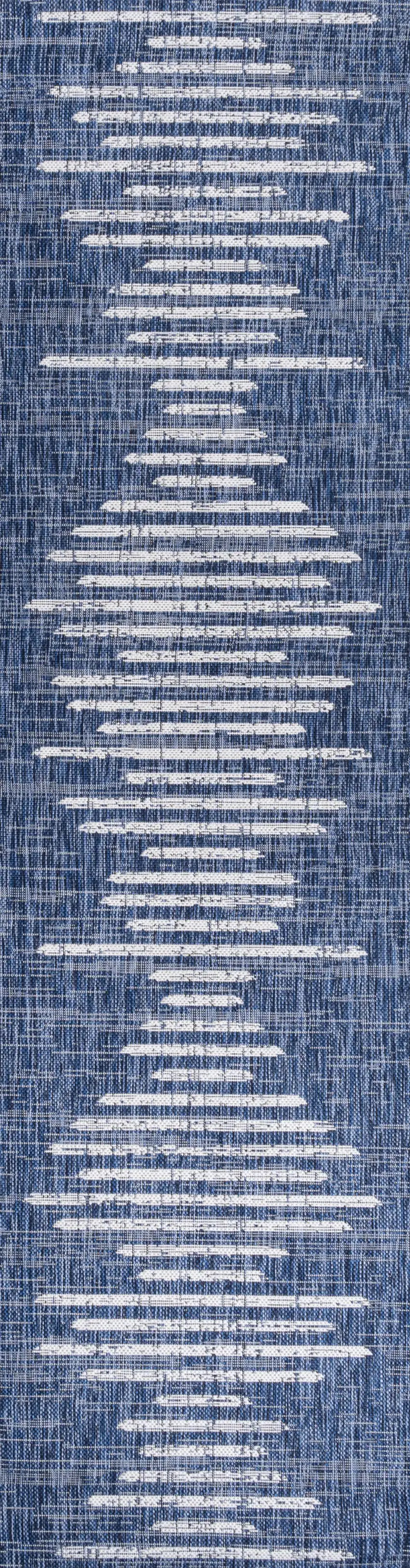 10' Blue And Ivory Striped Indoor Outdoor Runner Rug Photo 2