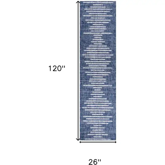 10' Blue And Ivory Striped Indoor Outdoor Runner Rug Photo 3