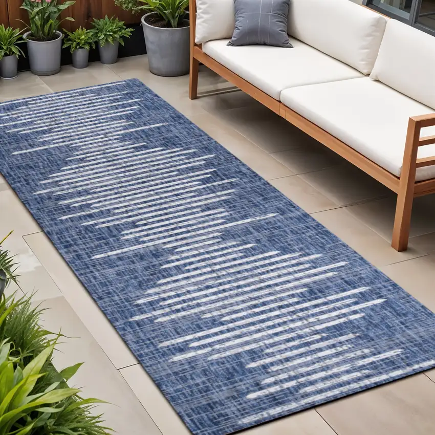 8' Blue And Ivory Striped Indoor Outdoor Runner Rug Photo 1