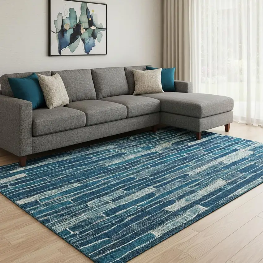 8' Blue And Ivory Striped Washable Area Rug With UV Protection Photo 2