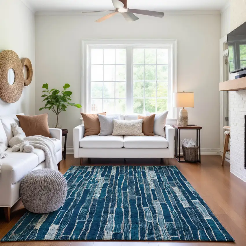 8' Blue And Ivory Striped Washable Area Rug With UV Protection Photo 5
