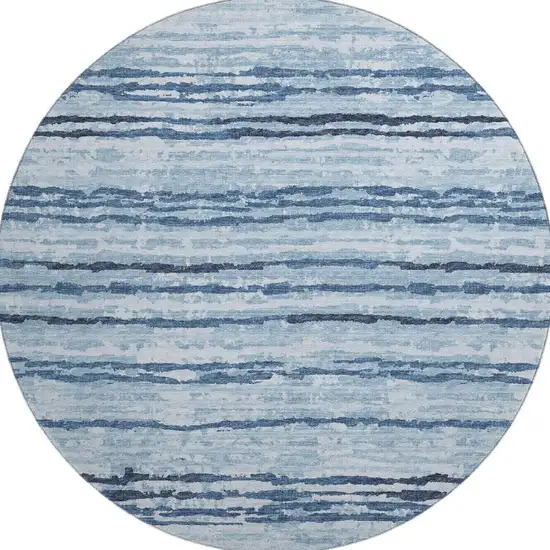 8' Blue And Ivory Striped Washable Round Rug With UV Protection Photo 4