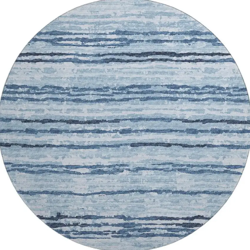 8' Blue And Ivory Striped Washable Round Rug With UV Protection Photo 4
