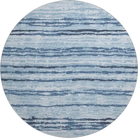 8' Blue And Ivory Striped Washable Round Rug With UV Protection Photo 2