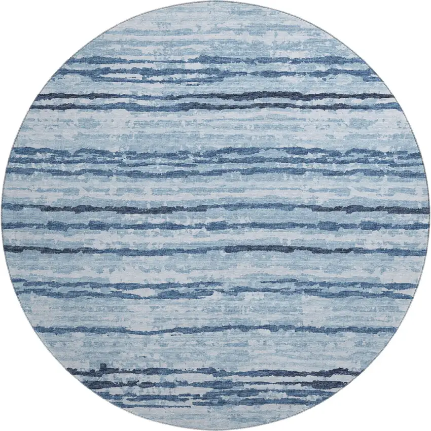 8' Blue And Ivory Striped Washable Round Rug With UV Protection Photo 2
