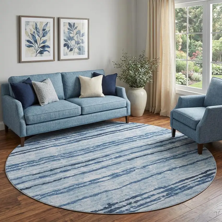 8' Blue And Ivory Striped Distressed Washable Round Rug With UV Protection Photo 1