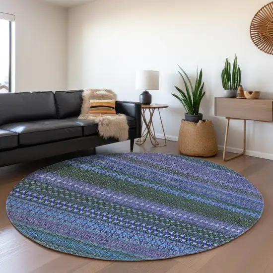8' Blue And Ivory Striped Washable Round Rug With UV Protection Photo 5