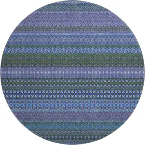 Photo of 8' Blue And Ivory Striped Washable Round Rug With UV Protection
