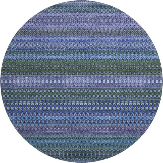 8' Blue And Ivory Striped Washable Round Rug With UV Protection Photo 1
