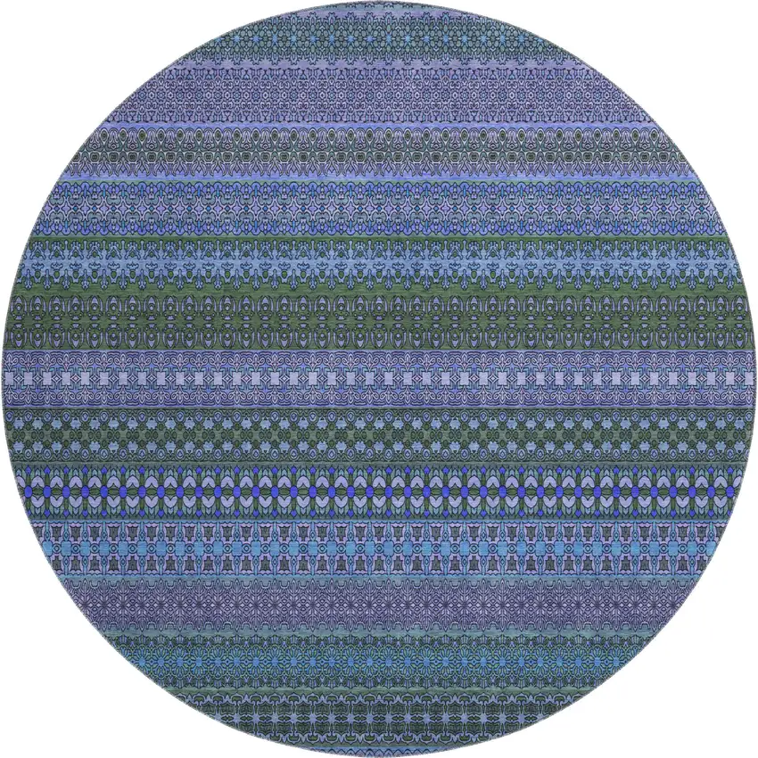 8' Blue And Ivory Striped Washable Round Rug With UV Protection Photo 1