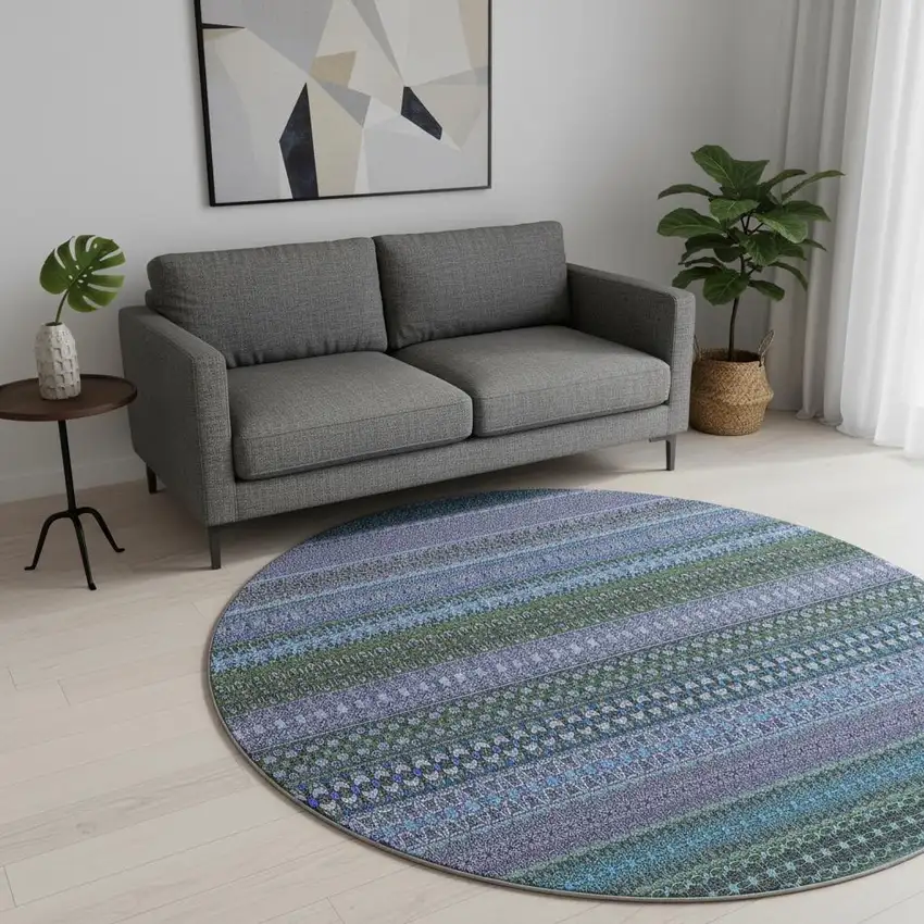 8' Blue And Ivory Striped Washable Round Rug With UV Protection Photo 2