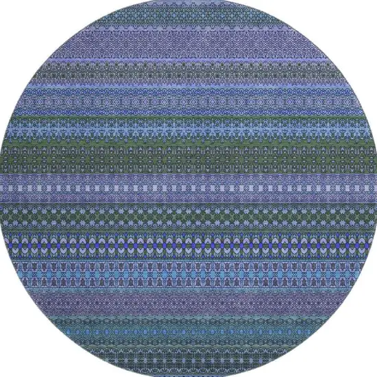 8' Blue And Ivory Striped Washable Round Rug With UV Protection Photo 4