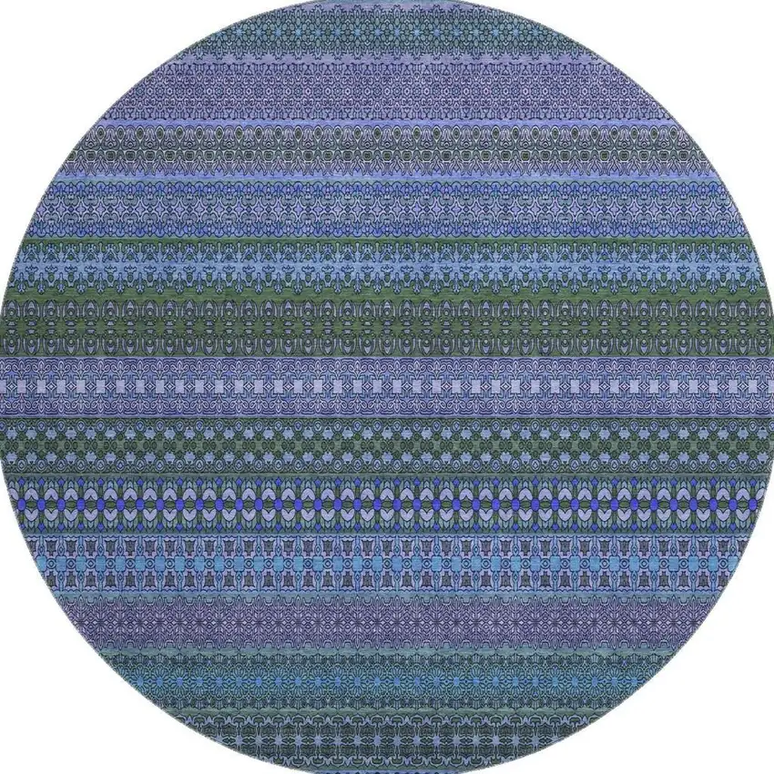 8' Blue And Ivory Striped Washable Round Rug With UV Protection Photo 4