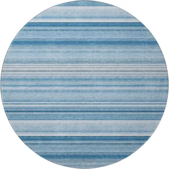 8' Blue And Ivory Striped Washable Round Rug With UV Protection Photo 4