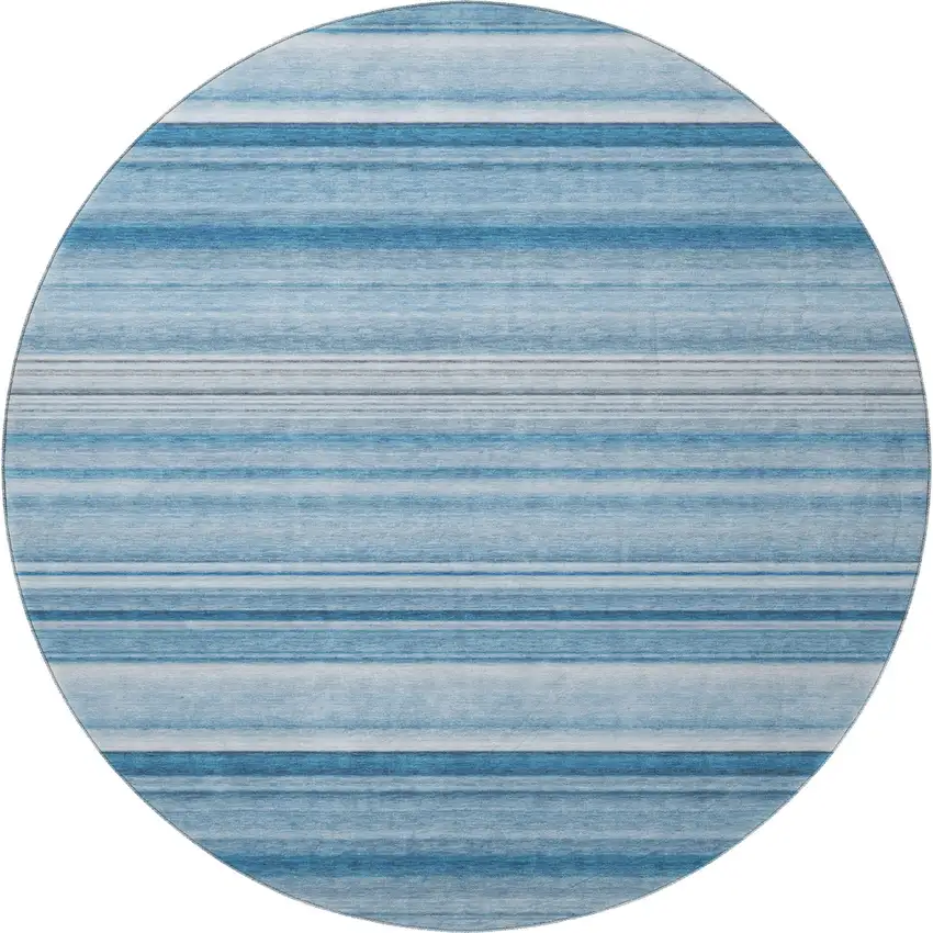 8' Blue And Ivory Striped Washable Round Rug With UV Protection Photo 4
