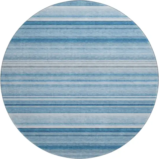 8' Blue And Ivory Striped Washable Round Rug With UV Protection Photo 1