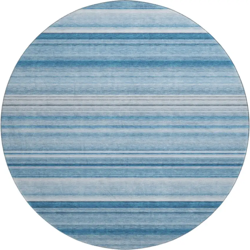 8' Blue And Ivory Striped Washable Round Rug With UV Protection Photo 1