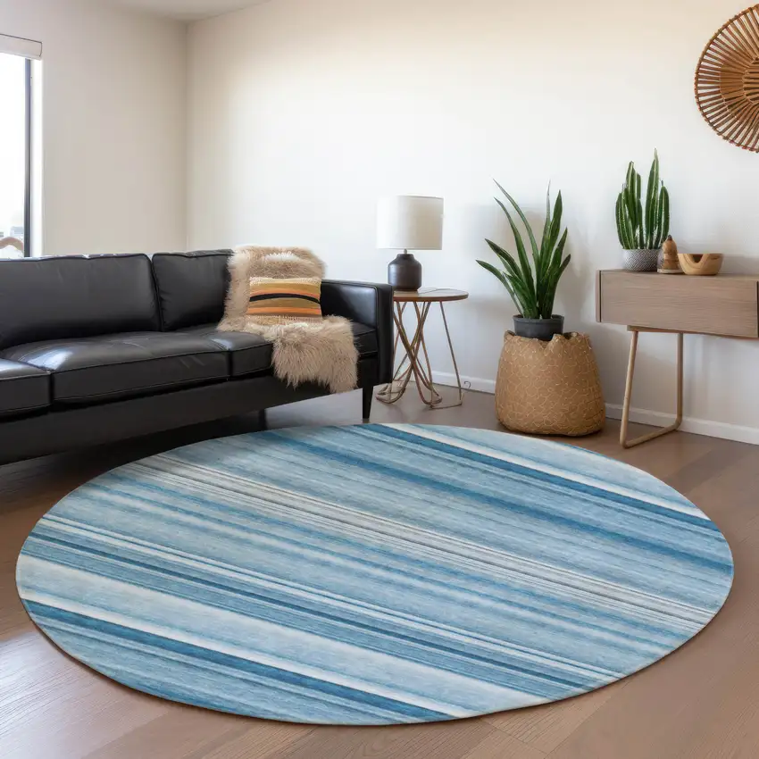 8' Blue And Ivory Striped Washable Round Rug With UV Protection Photo 5