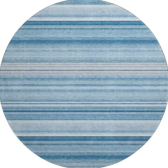 8' Blue And Ivory Striped Washable Round Rug With UV Protection Photo 3