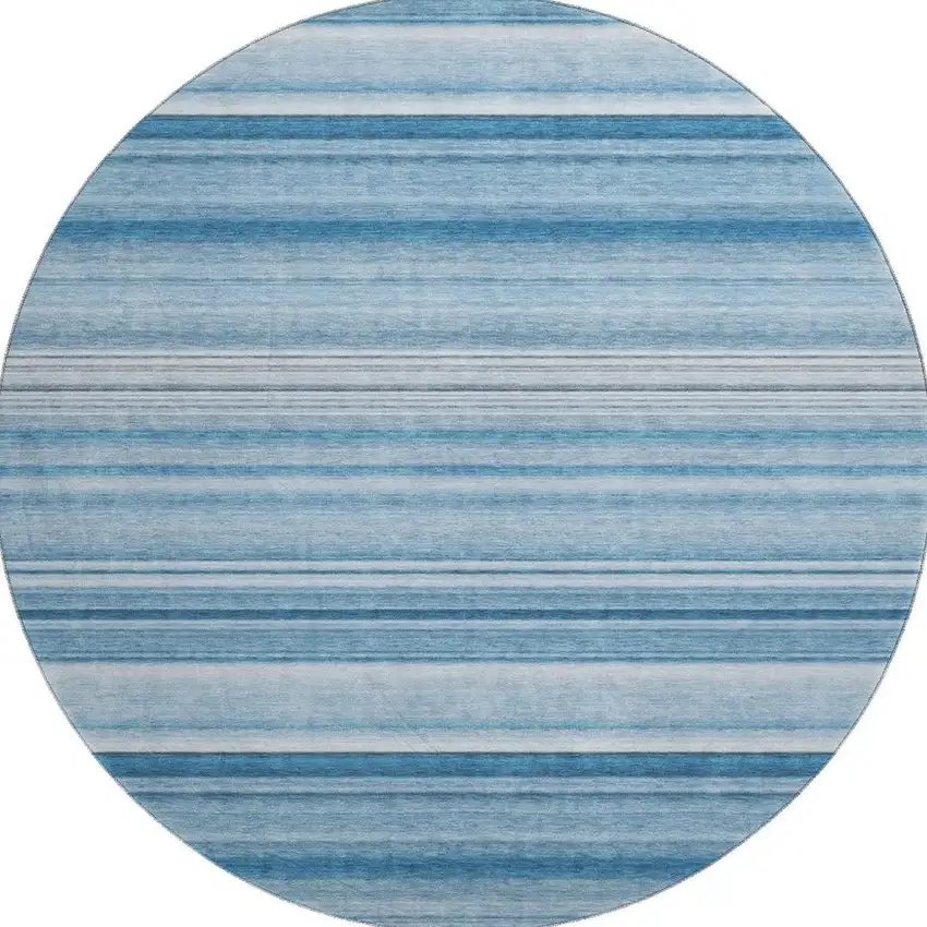 8' Blue And Ivory Striped Washable Round Rug With UV Protection Photo 3