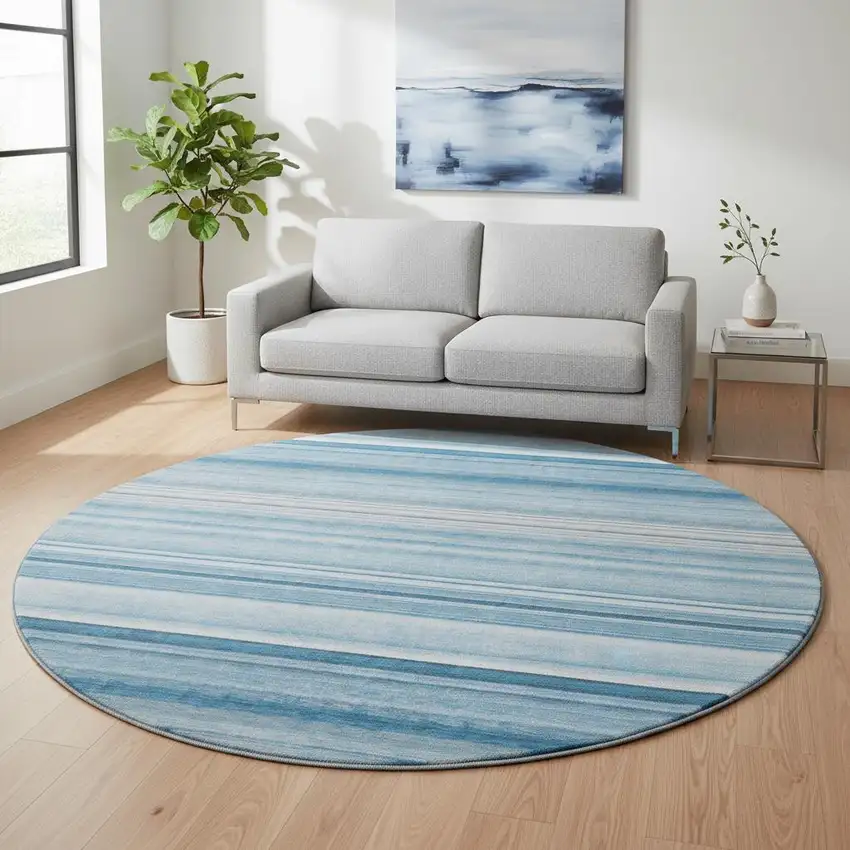 8' Blue And Ivory Striped Washable Round Rug With UV Protection Photo 2
