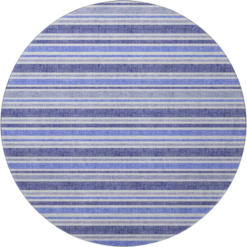 8' Blue And Ivory Striped Washable Round Rug With UV Protection Photo 4