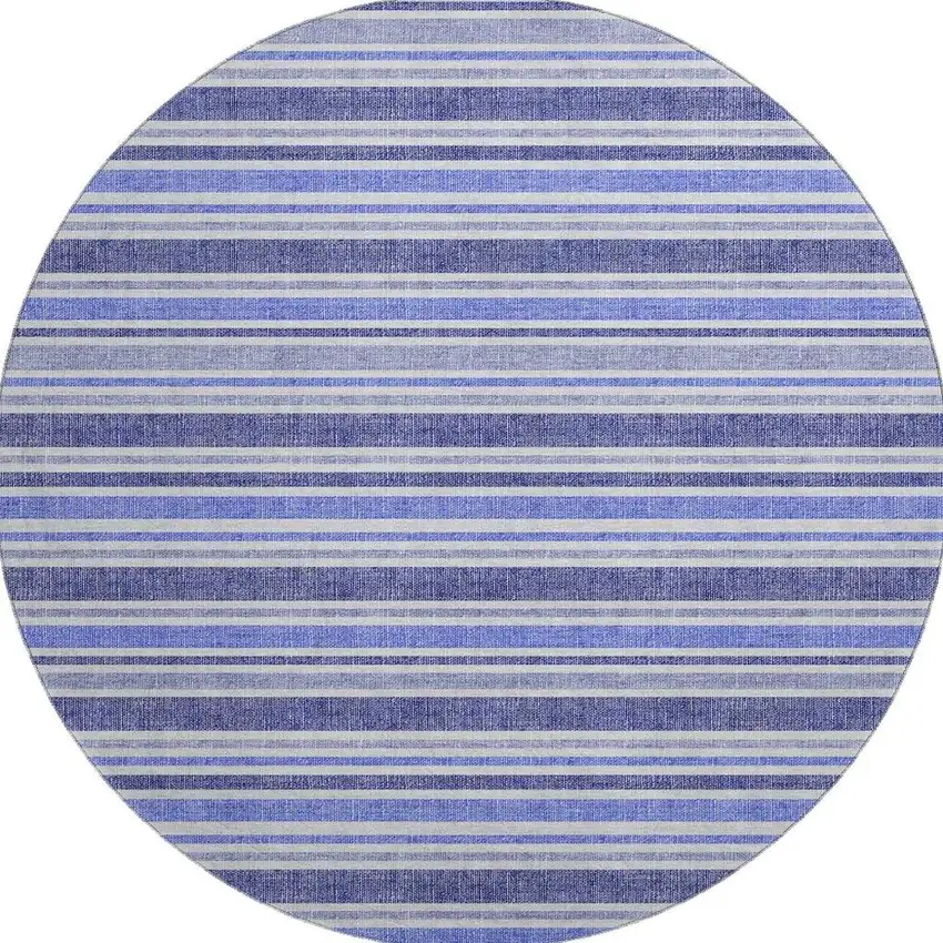 8' Blue And Ivory Striped Washable Round Rug With UV Protection Photo 3