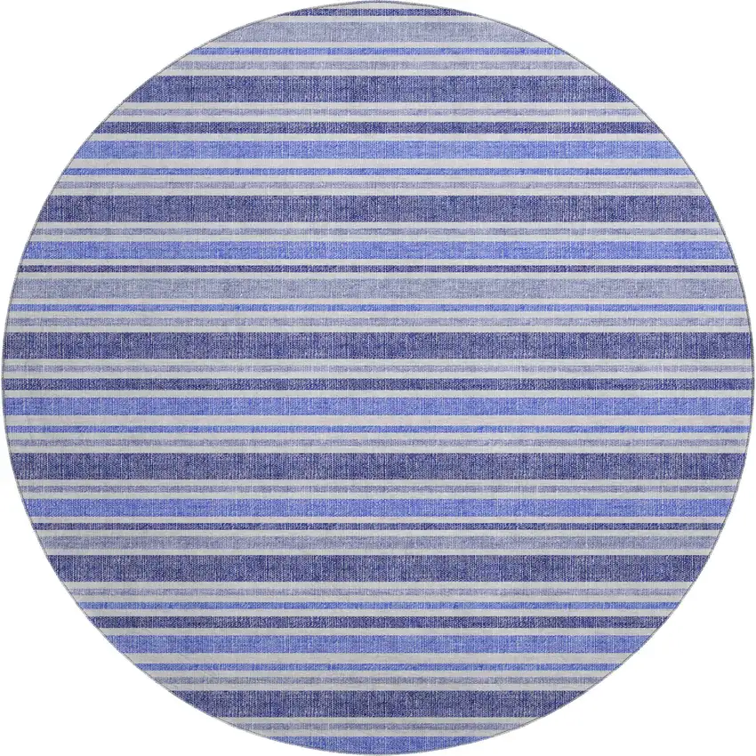 8' Blue And Ivory Striped Washable Round Rug With UV Protection Photo 1