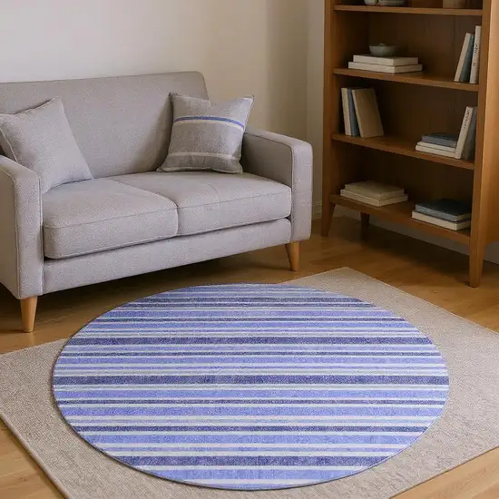 8' Blue And Ivory Striped Washable Round Rug With UV Protection Photo 2