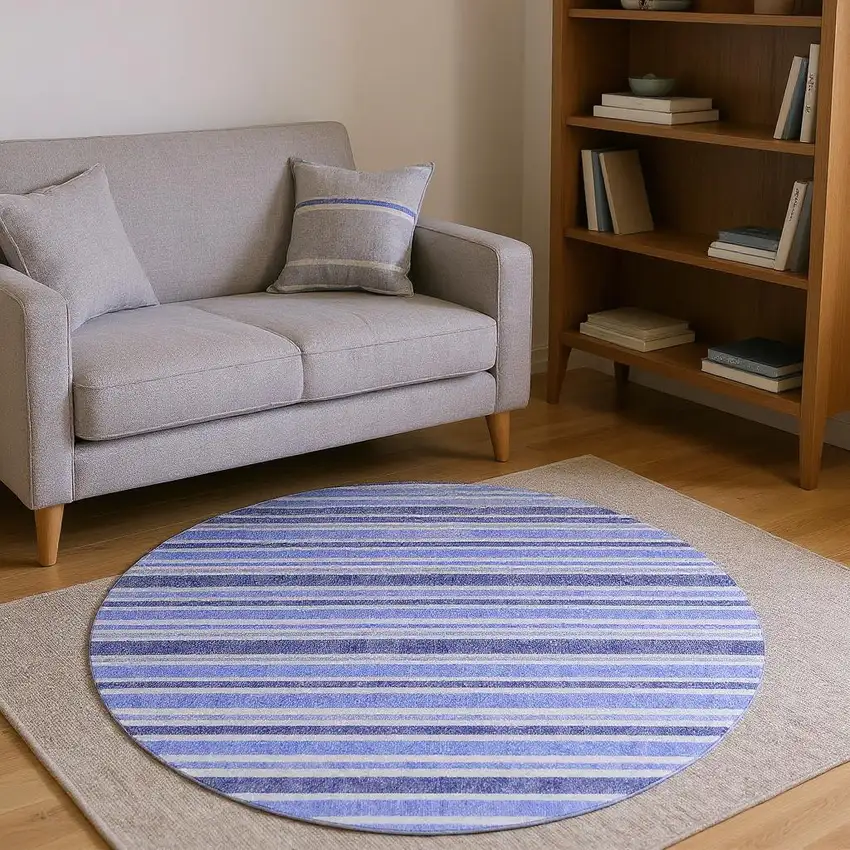 8' Blue And Ivory Striped Washable Round Rug With UV Protection Photo 2