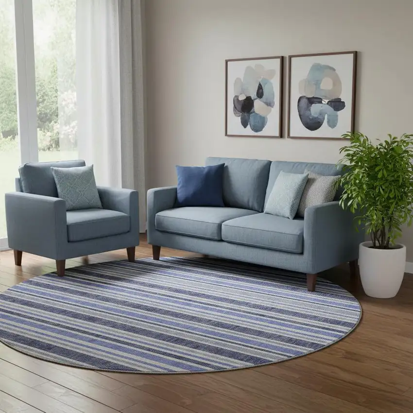 8' Blue And Ivory Striped Washable Round Rug With UV Protection Photo 1