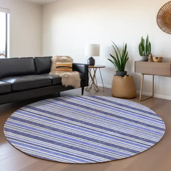 8' Blue And Ivory Striped Washable Round Rug With UV Protection Photo 5