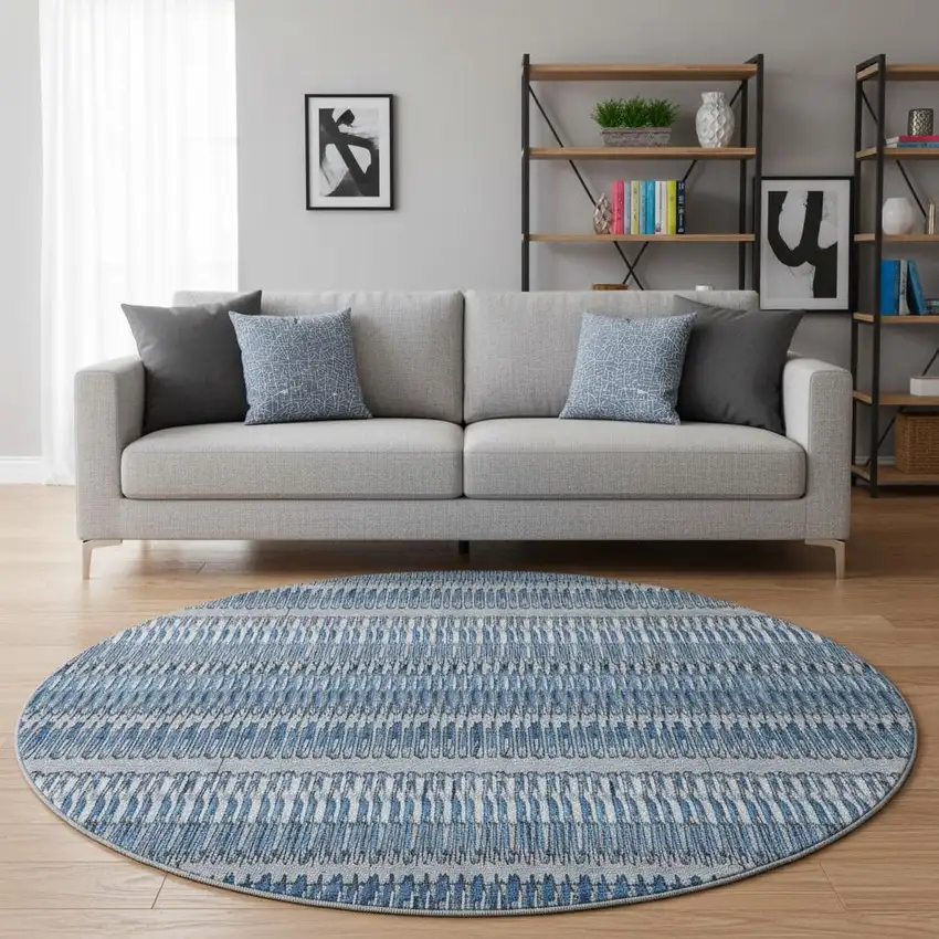 8' Blue And Ivory Striped Washable Round Rug With UV Protection Photo 2
