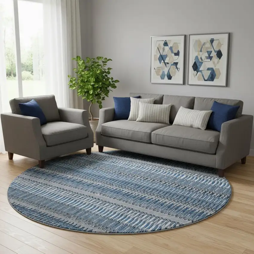 8' Blue And Ivory Striped Washable Round Rug With UV Protection Photo 1