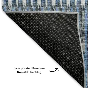 Photo of 8' Blue And Ivory Striped Washable Round Rug With UV Protection