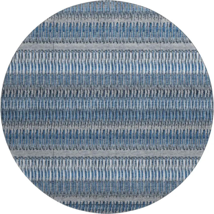 8' Blue And Ivory Striped Washable Round Rug With UV Protection Photo 1