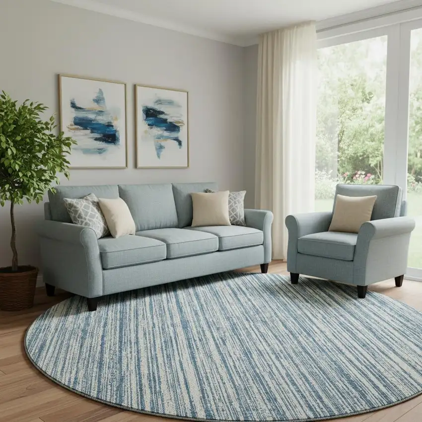 8' Blue And Ivory Striped Washable Round Rug With UV Protection Photo 1