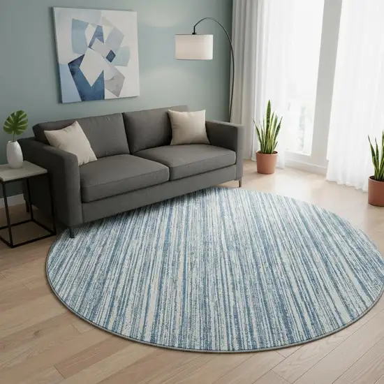 8' Blue And Ivory Striped Washable Round Rug With UV Protection Photo 2