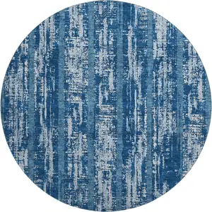 Photo of 8' Blue And Ivory Striped Washable Round Rug With UV Protection