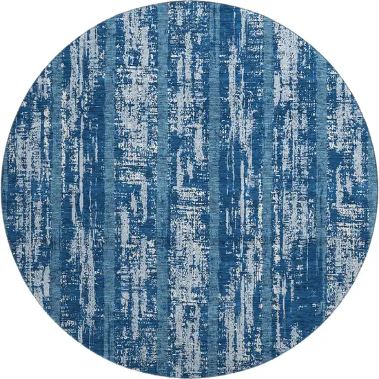 8' Blue And Ivory Striped Washable Round Rug With UV Protection Photo 1