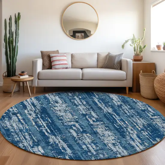 8' Blue And Ivory Striped Washable Round Rug With UV Protection Photo 5