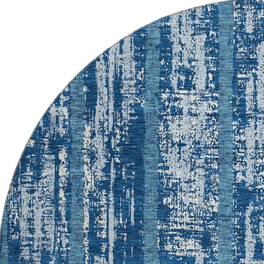 8' Blue And Ivory Striped Washable Round Rug With UV Protection Photo 4