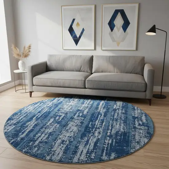 8' Blue And Ivory Striped Washable Round Rug With UV Protection Photo 2