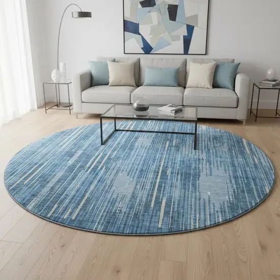 8' Blue And Ivory Striped Washable Round Rug With UV Protection Photo 2