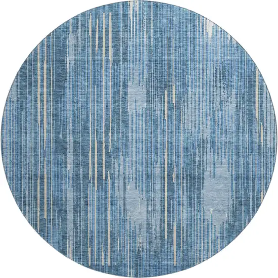 8' Blue And Ivory Striped Washable Round Rug With UV Protection Photo 1