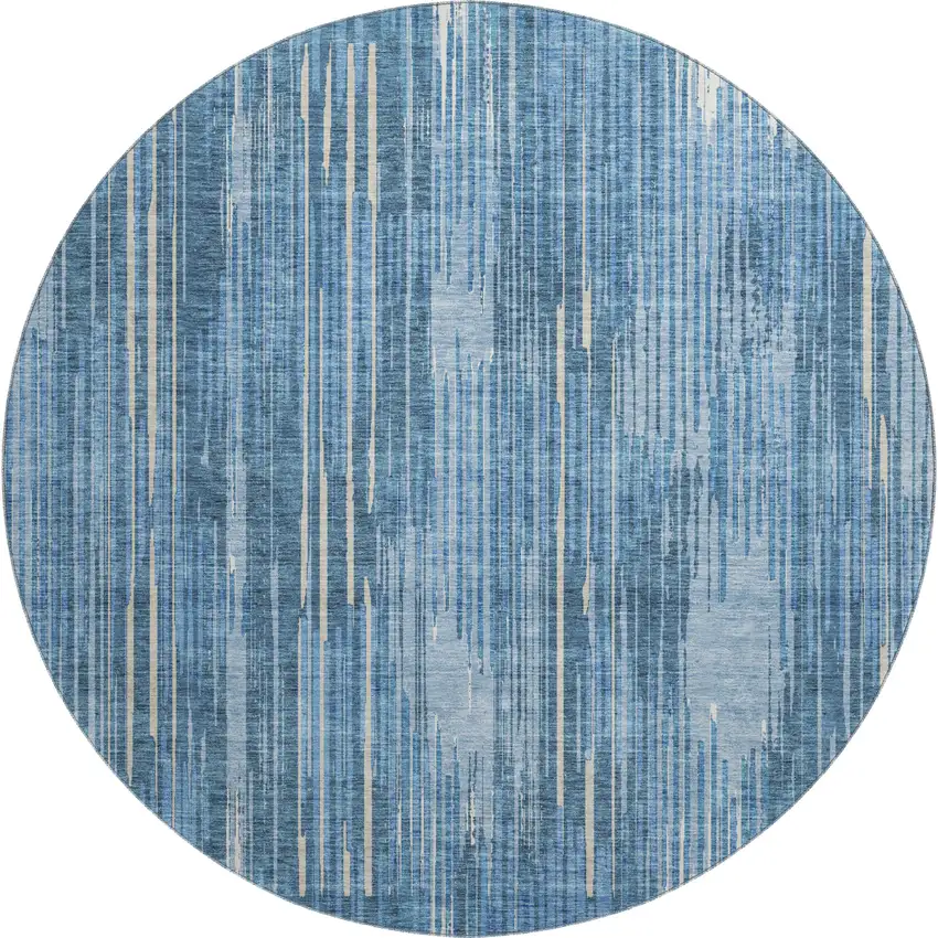 8' Blue And Ivory Striped Washable Round Rug With UV Protection Photo 1