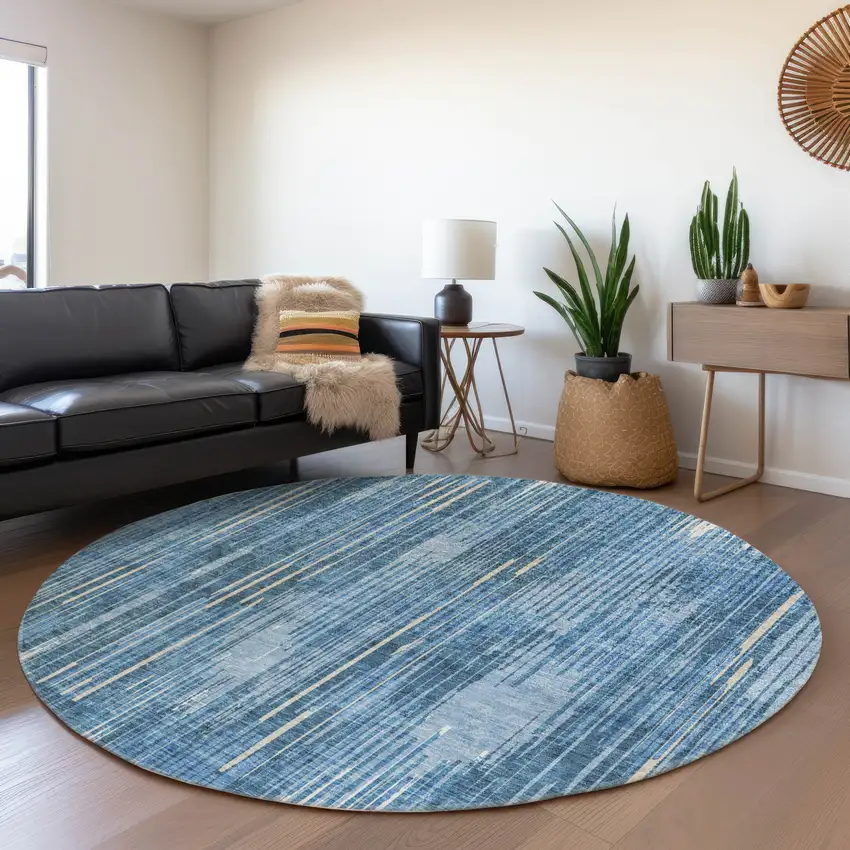 8' Blue And Ivory Striped Washable Round Rug With UV Protection Photo 4