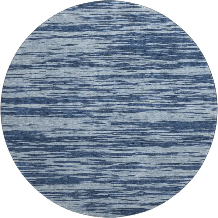 8' Blue And Ivory Striped Washable Round Rug With UV Protection Photo 1