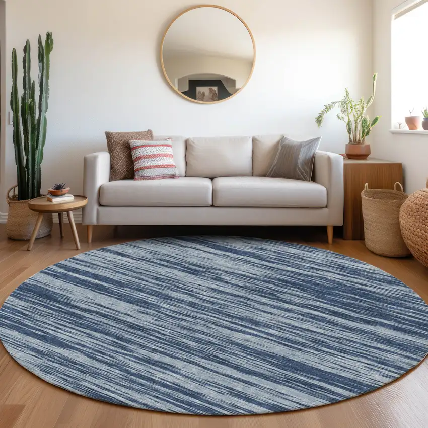 8' Blue And Ivory Striped Washable Round Rug With UV Protection Photo 4